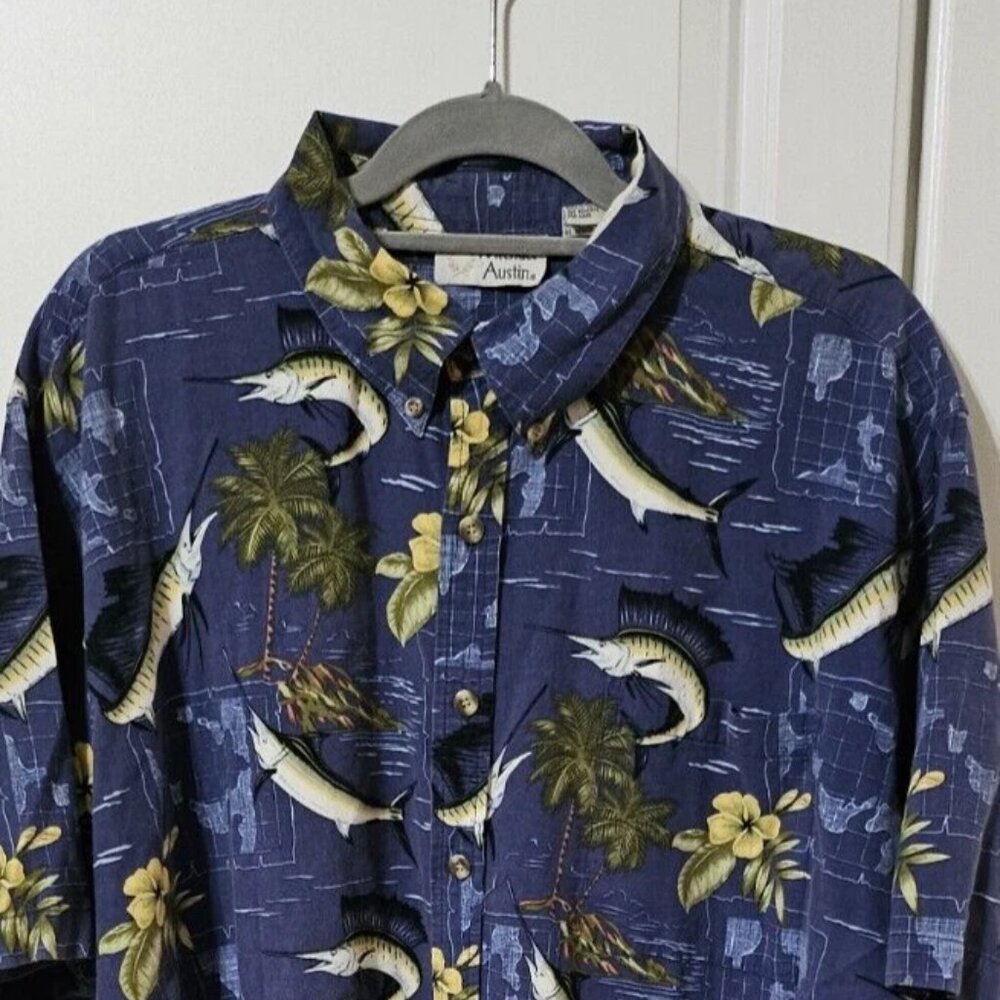 Michael Austin Shirt Men's XL Blue Swordfish Palm Tree Tropical Short Sleeve
